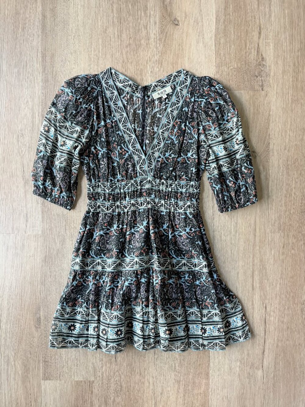 SEA NEW YORK Marlee Puff-Sleeve Mini Dress Black V Neck Smocked Waist SMALL